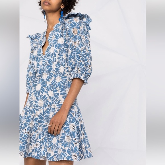 NEW Sandro Applique Detail V Neck Floral Lace Blue Mini Dress - Picture 3 of 8